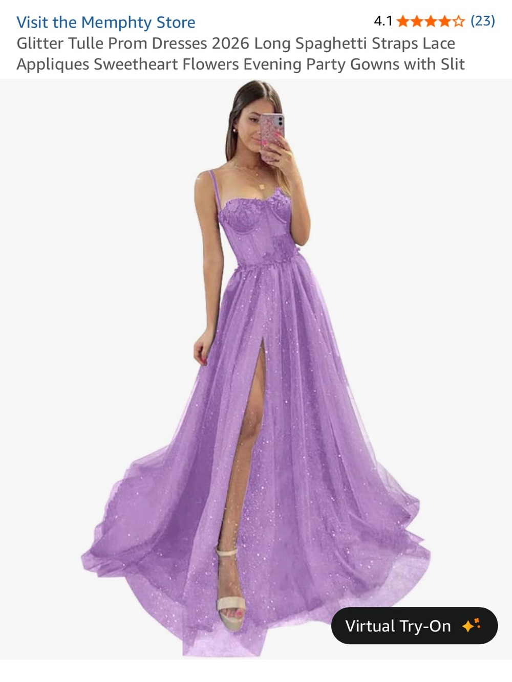 Amazon Lavender Glitter Tulle Prom Gown with Spaghetti Straps